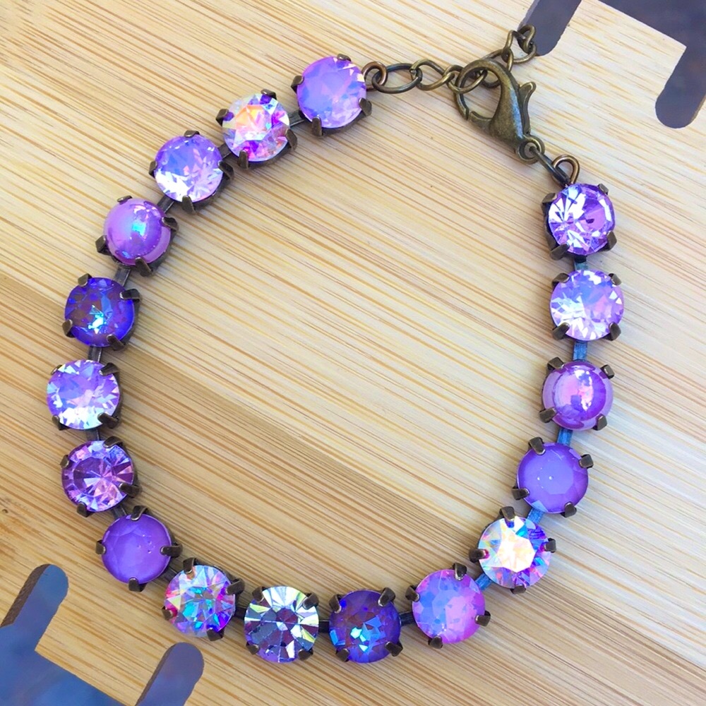 Amethyst, Violet, + iridescent Purple Opal Antique Brass Crystal Tennis Bracelet - Picture 3 of 17